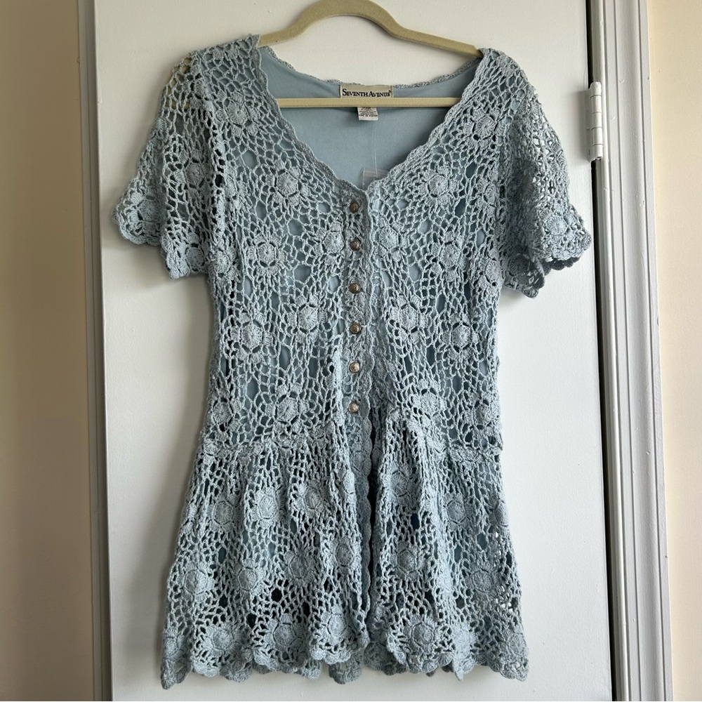 Blue Crochet Cottage Core Babydoll Top Seventh Avenue Size M Peplum Lace Vintage